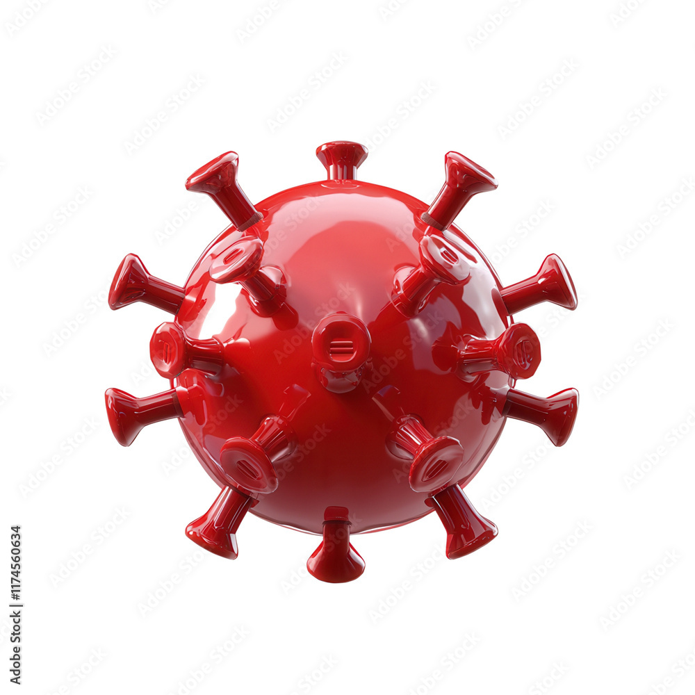 Poster a stylized red virus model with spike-like projections, representing a microscopic pathogen often as
