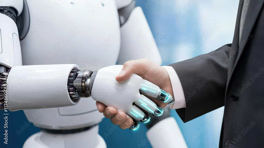 Poster ai and machine learning concept, human and robot shaking hands in corporate setting, symbolizing col