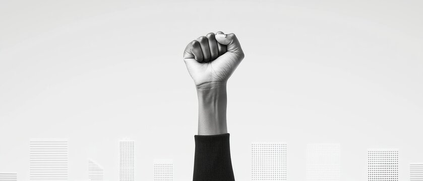 Women's history month inspiration concept. Raised fist symbolizing empowerment and solidarity in a monochrome setting.