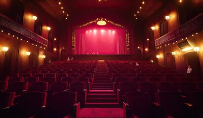 Naklejka premium A large cinema hall with red velvet seats, illuminated by warm lights and adorned with a grand stage at the front