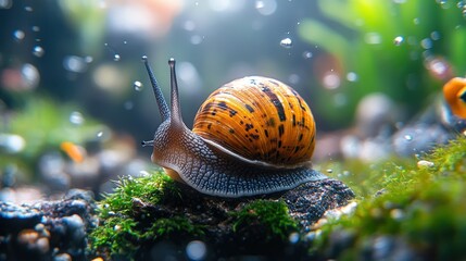 A close-up of a snail on a mossy surface, surrounded by bubbles and aquatic plants.
