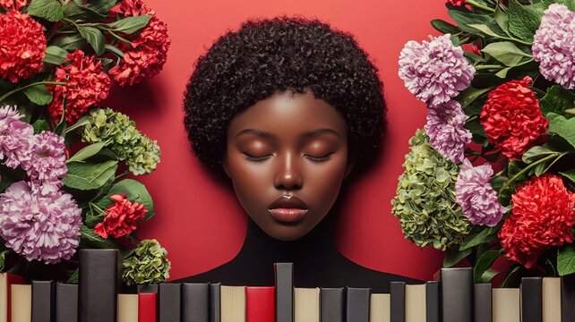 Women's history month inspiration concept. A woman surrounded by flowers and books against a vibrant background. - Powered by Adobe