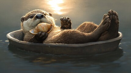 Fototapeta premium Otter relaxing in a bowl, eating a shell at sunset.