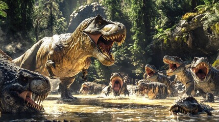 Obraz premium A dramatic scene featuring a T. rex surrounded by smaller dinosaurs in a lush, prehistoric setting.
