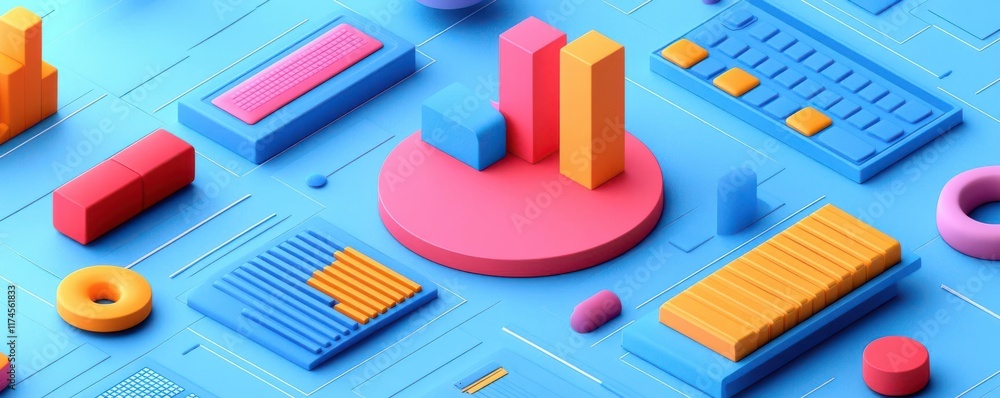Poster a vibrant, abstract composition featuring colorful geometric shapes and graphs on a blue background,