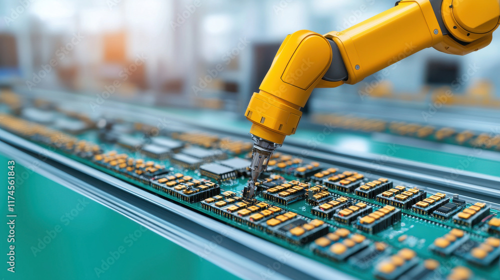 Poster ai and machine learning concept, assembling electronic devices with robotic arm in factory setting