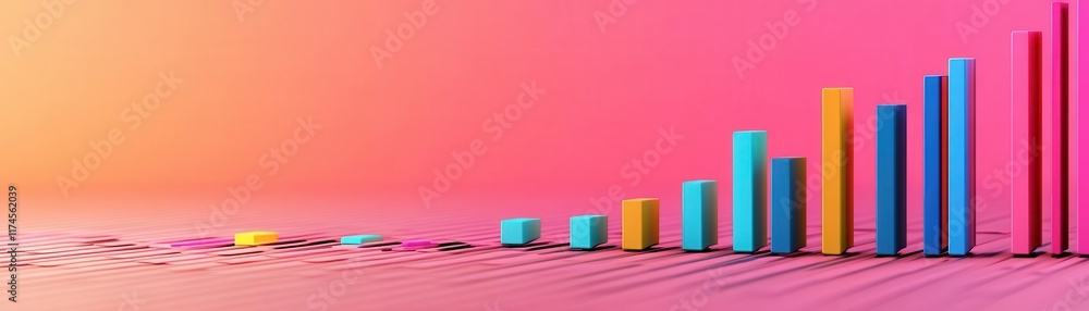 Poster a colorful bar graph displays ascending values against a vibrant pink and orange background, suggest