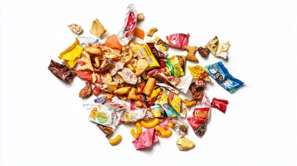 Delicious assortment of colorful snacks spread out on a clean white background. A feast for the eyes with varied packaging and textures. Perfect for food lovers. Generative AI