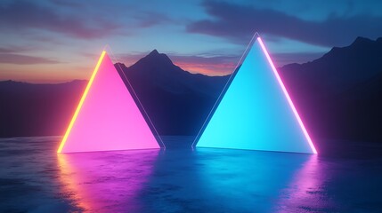 Neon Triangles at Sunset Mountain Landscape