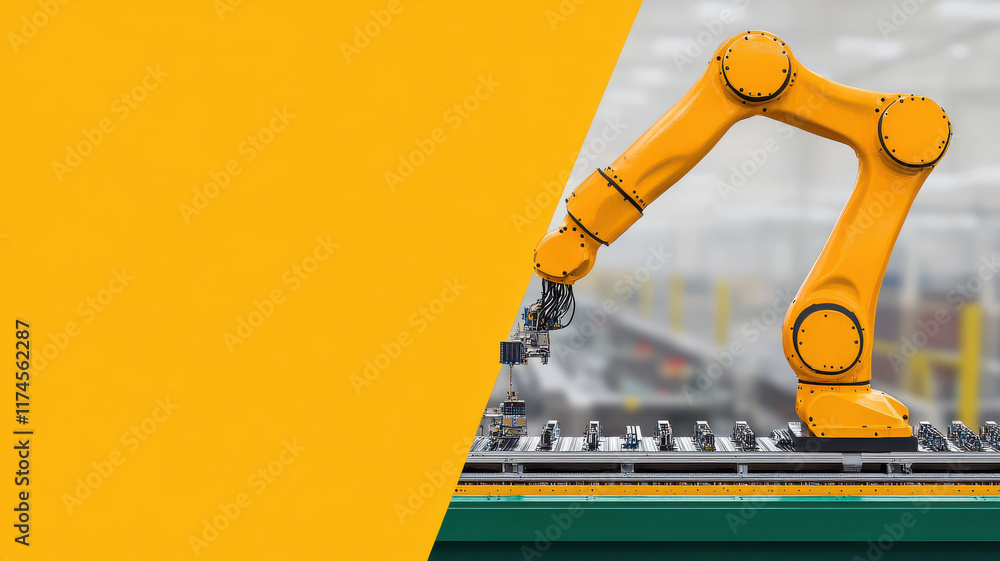 Poster ai and machine learning concept, robotic arm assembling electronic devices in modern factory setting