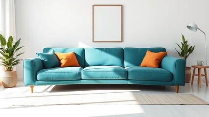 Teal Curved Sofa, Orange Pillows, Scandinavian Living Room