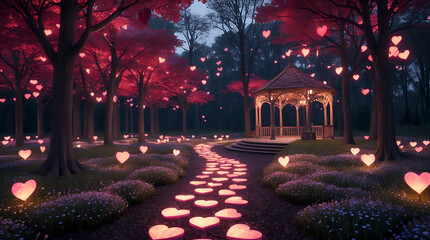 Obraz premium Romantic Heart-Shaped Leaf Forest with Glowing Lanterns