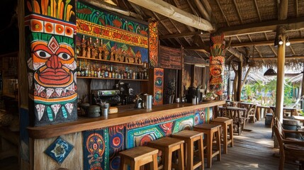 Colorful Bar with Traditional Decor and Wooden Stools