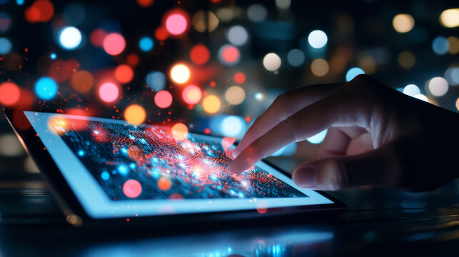 Close up of hand interacting with tablet screen displaying vibrant digital data, surrounded by colorful bokeh lights, creating modern and tech savvy atmosphere