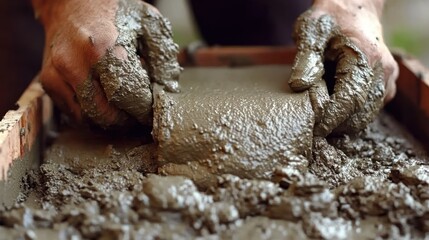 Hands mixing and shaping wet concrete in a mold for construction purposes.