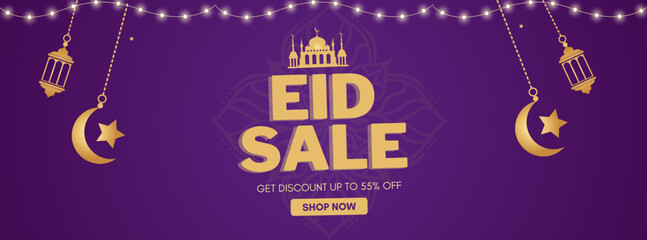 Eid sale, web header or banner design with crescent moon, and 55% discount offers on purple background.
