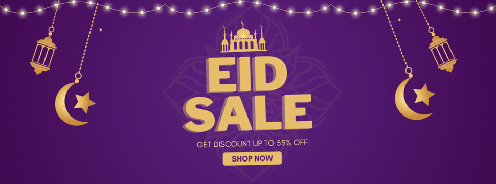 Eid sale, web header or banner design with crescent moon, and 55% discount offers on purple background.
