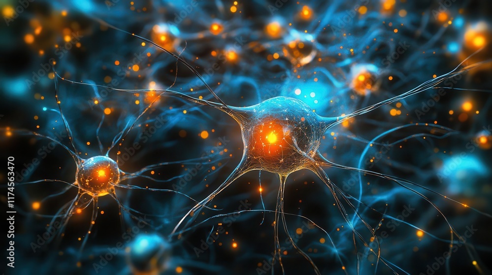 Poster a vibrant digital illustration of interconnected neurons, showcasing glowing synapses and intricate 