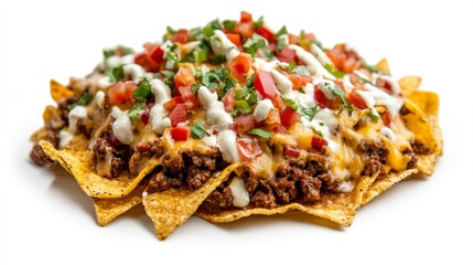 Colorful and appetizing plate of nachos topped with seasoned beef. Fresh vegetables enhance the look. Perfect for parties or snack time. Generative AI