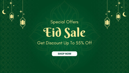 Eid sale, web header or banner design with crescent moon, and flat 40% discount offers on beige background.