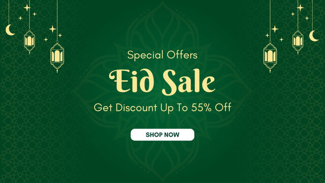 Eid sale, web header or banner design with crescent moon, and flat 40% discount offers on beige background.
