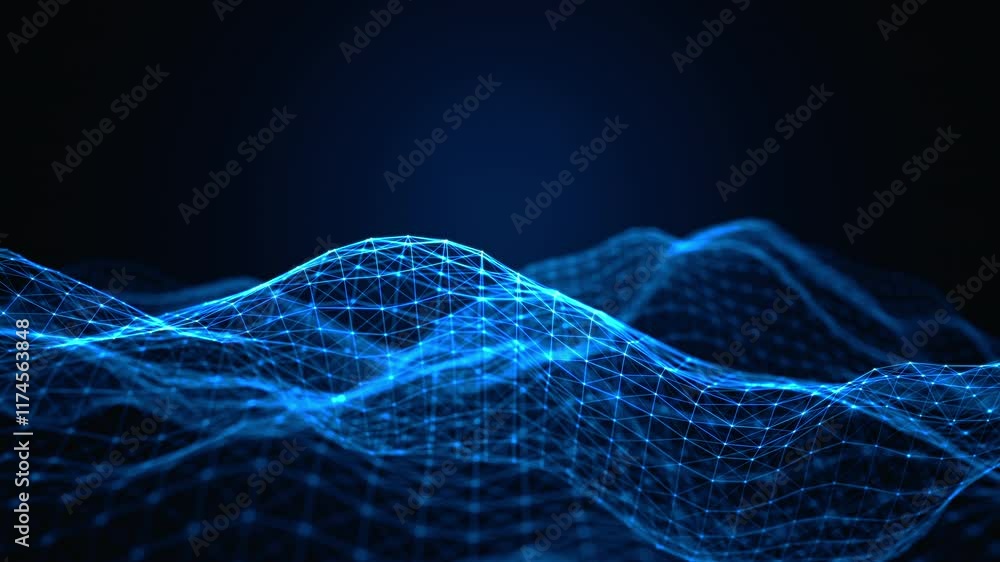 Poster abstract digital landscape with blue grid waves. futuristic digital illustration of blue glowing gri