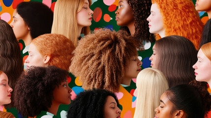 Diverse women with various hairstyles and hair colors, showcasing beauty and individuality against colorful background