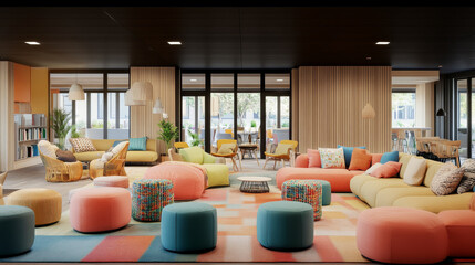 Bright and colorful lounge area featuring modern furniture, cozy seating, and vibrant decor. inviting space encourages relaxation and social interaction among guests