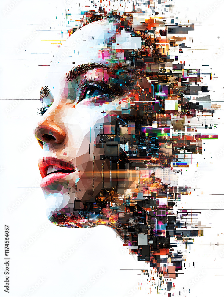 Poster digital disintegration: a woman's face is rendered in a mesmerizing abstract style, fragmented into 