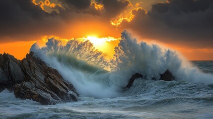 A dramatic sunset over turbulent ocean waves crashing against rocky shores.