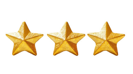 Three golden stars arranged in a row, showcasing a shiny, metallic finish with sharp points and a three-dimensional appearance.