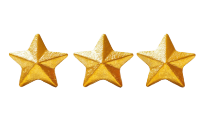 Three golden stars arranged in a row, showcasing a shiny, metallic finish with sharp points and a three-dimensional appearance.