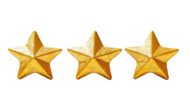Three golden stars arranged in a row, showcasing a shiny, metallic finish with sharp points and a three-dimensional appearance.