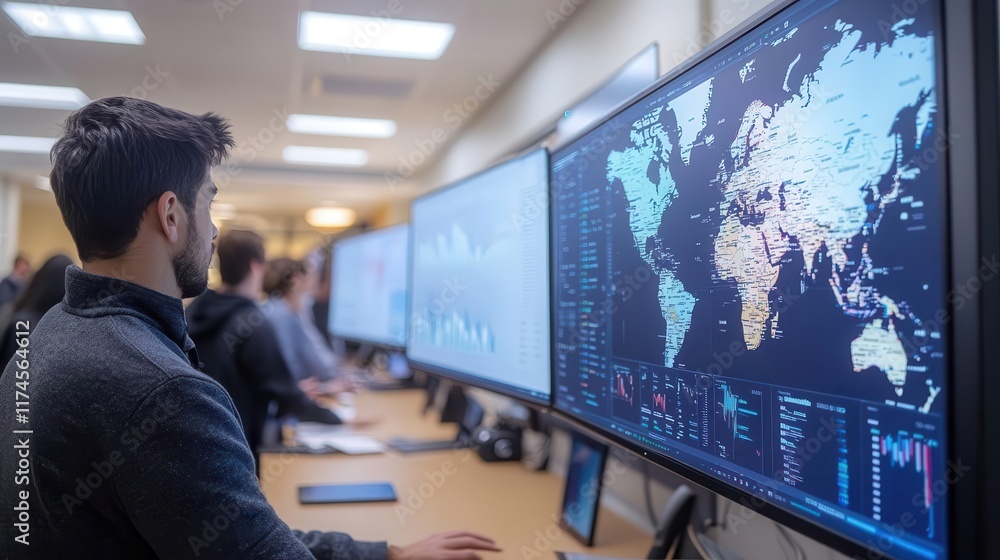 Poster a focused individual monitors large screens displaying global data and analytics in a modern tech en