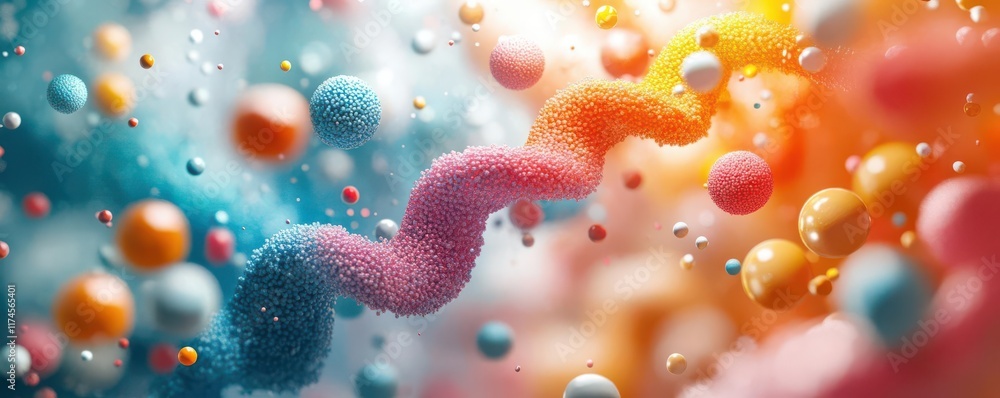 Poster a vibrant, abstract representation of colorful bubbles and swirling patterns set against a soft, dre