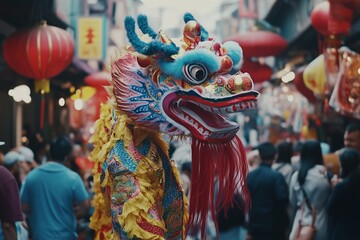 Colorful dragon dance costume in a busy marketplace during Chinese New Year.