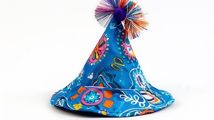 A bright blue party cap featuring unique designs for a lively event.