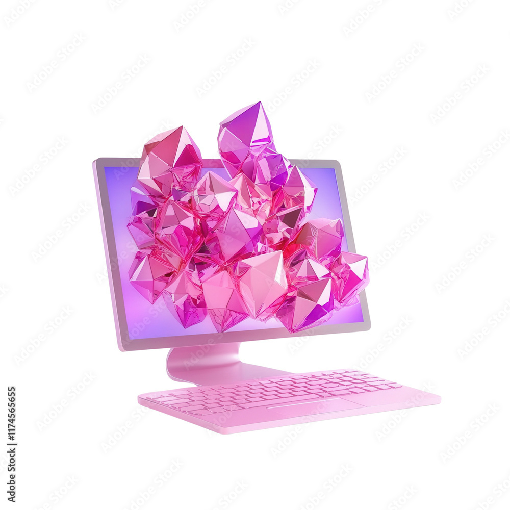 Poster a colorful pink computer monitor with a cluster of crystalline shapes in vibrant hues bursting from 