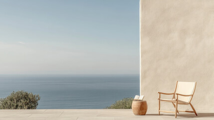 serene outdoor space featuring wooden chair and clay pot, overlooking calm sea. minimalist design and soft colors create peaceful atmosphere