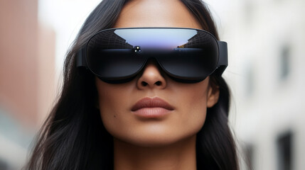 Futuristic woman wearing sleek black augmented reality glasses outdoors, showcasing modern technology and style. reflective lenses add unique touch to her confident look