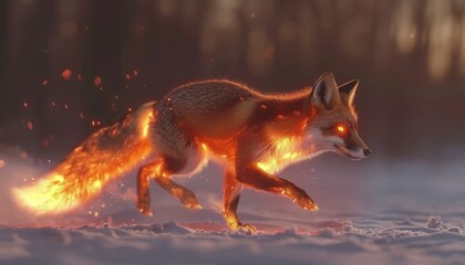 A glowing fox dashes through a misty forest, creating trails of light in its wake