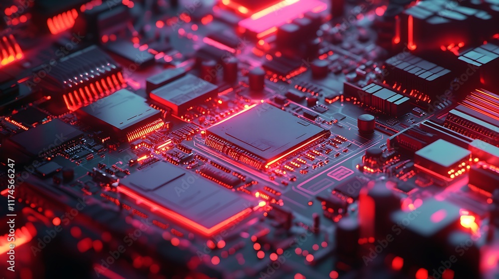 Poster red illuminated computer circuit board technology