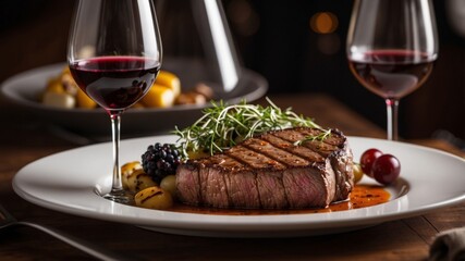 Perfectly cooked steak served with gourmet sides and red wine in a cozy restaurant