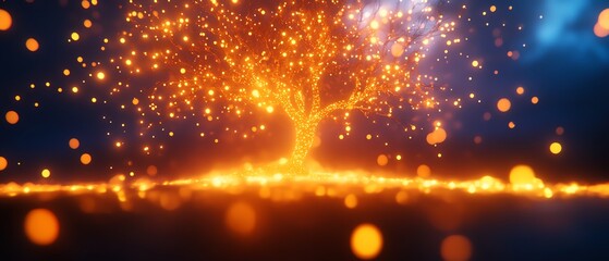 A glowing tree surrounded by sparkling lights, creating a magical and ethereal atmosphere.