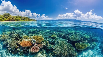 Naklejka premium Tropical Island Paradise with Lush Vegetation and Vibrant Coral Reef