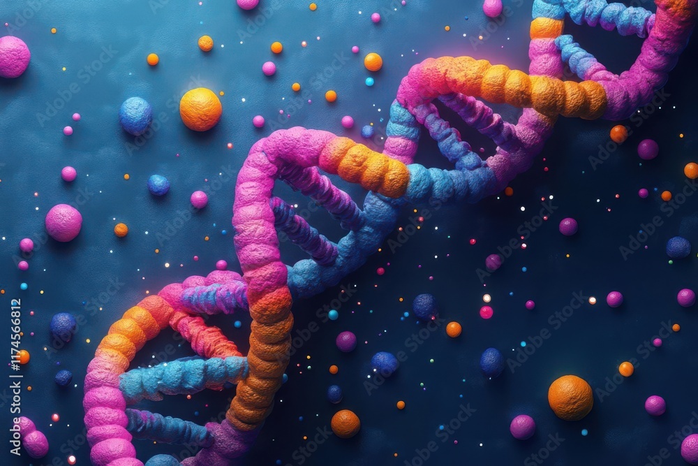 Poster a colorful dna double helix surrounded by vibrant spheres, illustrating the complexity of genetic st