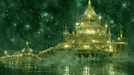 A celestial temple on clouds with radiant staircases ascending to the stars above