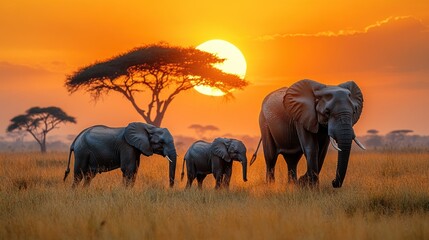 Fototapeta premium A serene sunset scene featuring elephants walking in a grassy landscape under a vibrant sky.