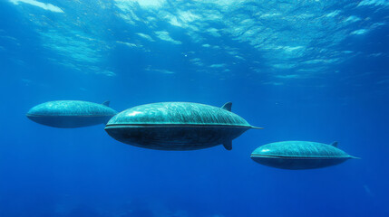 Obraz premium Underwater scene featuring three large, whale like objects gliding through clear blue water, creating serene and mysterious atmosphere