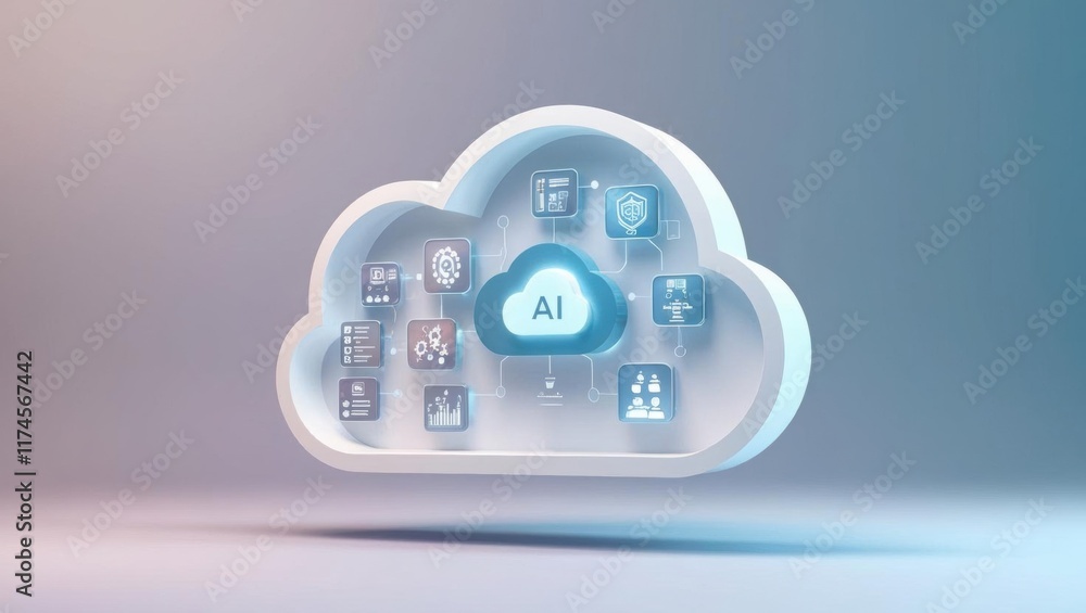 Poster a soft white cloud adorned with colorful icons symbolizing technology and communication against a br